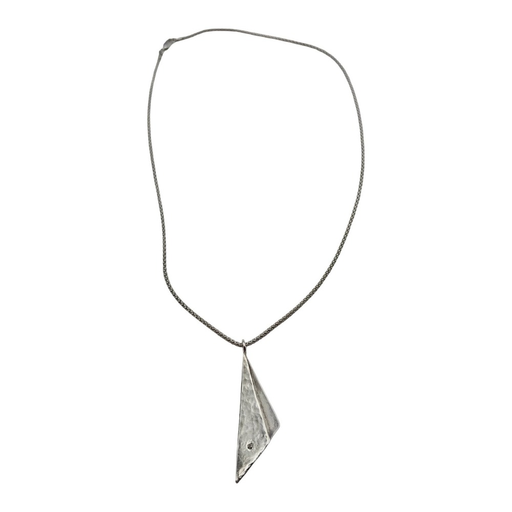 Sterling Silver 925 Hammered Triangle Pendant Necklace Diamond Accent 17" Italy